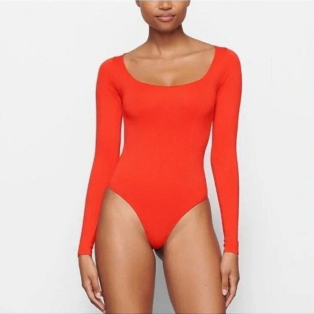 Skims Orangey Red Longsleeve Bodysuit